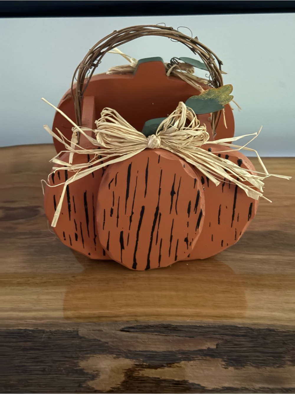 Rustic Wooden Pumpkin Basket with Raffia Bow - Orange